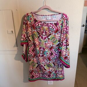 Trina Turk Blouse Medium Colorful Paisley Tunic Bell Sleeve Resort Top Boho